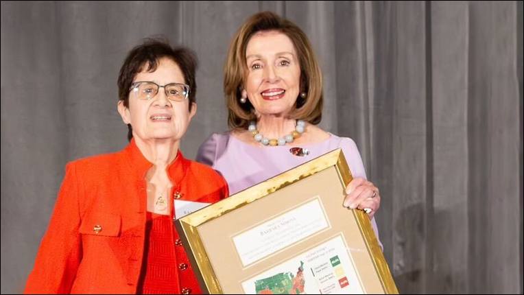 Nancy Pelosi presenting Barbara Simons with an award for her decades of commitment to securing our elections at Verified Voting’s 20th anniversary celebration.